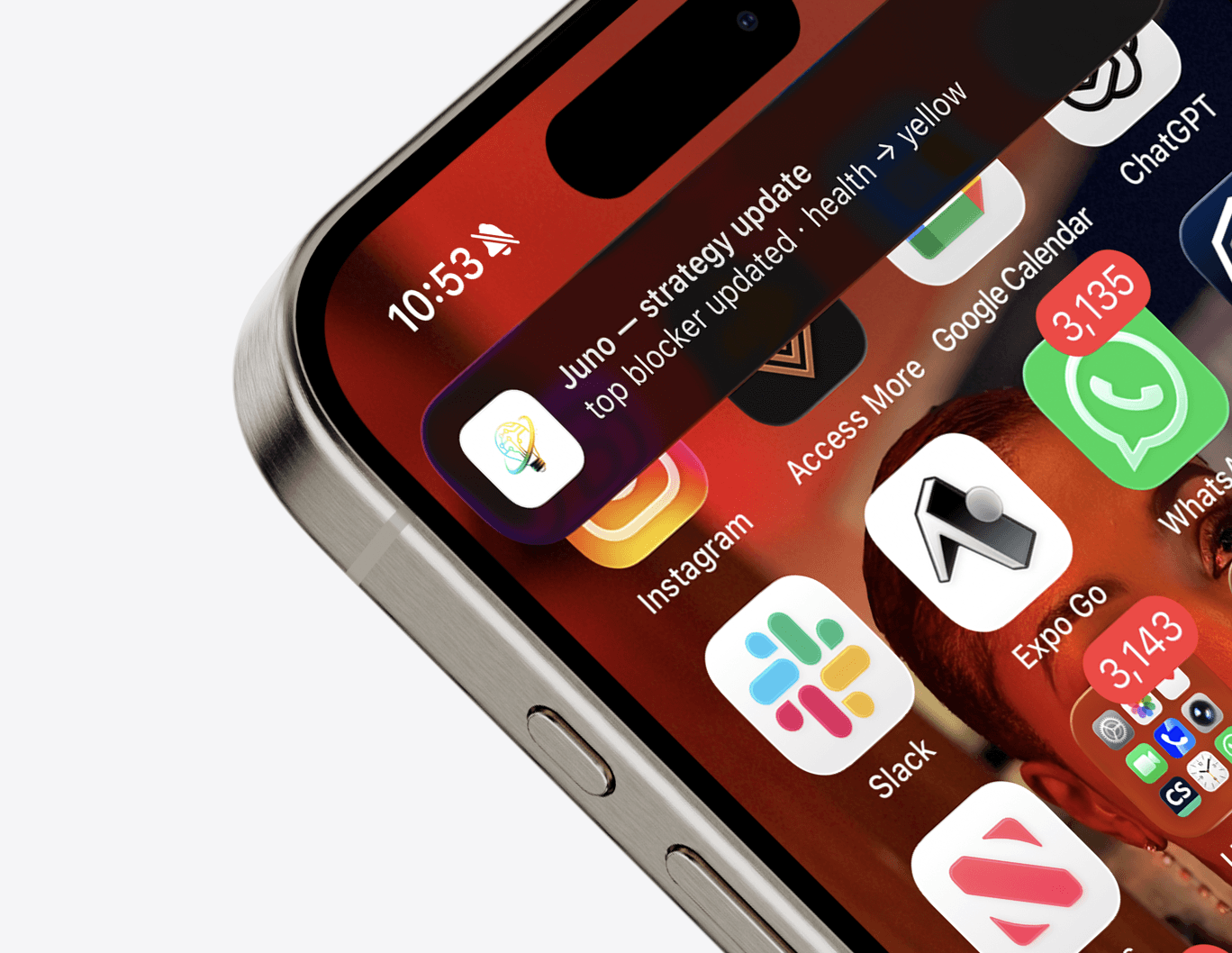 Product mock of an iPhone showing a FounderOS push notification banner with strategy and health details.